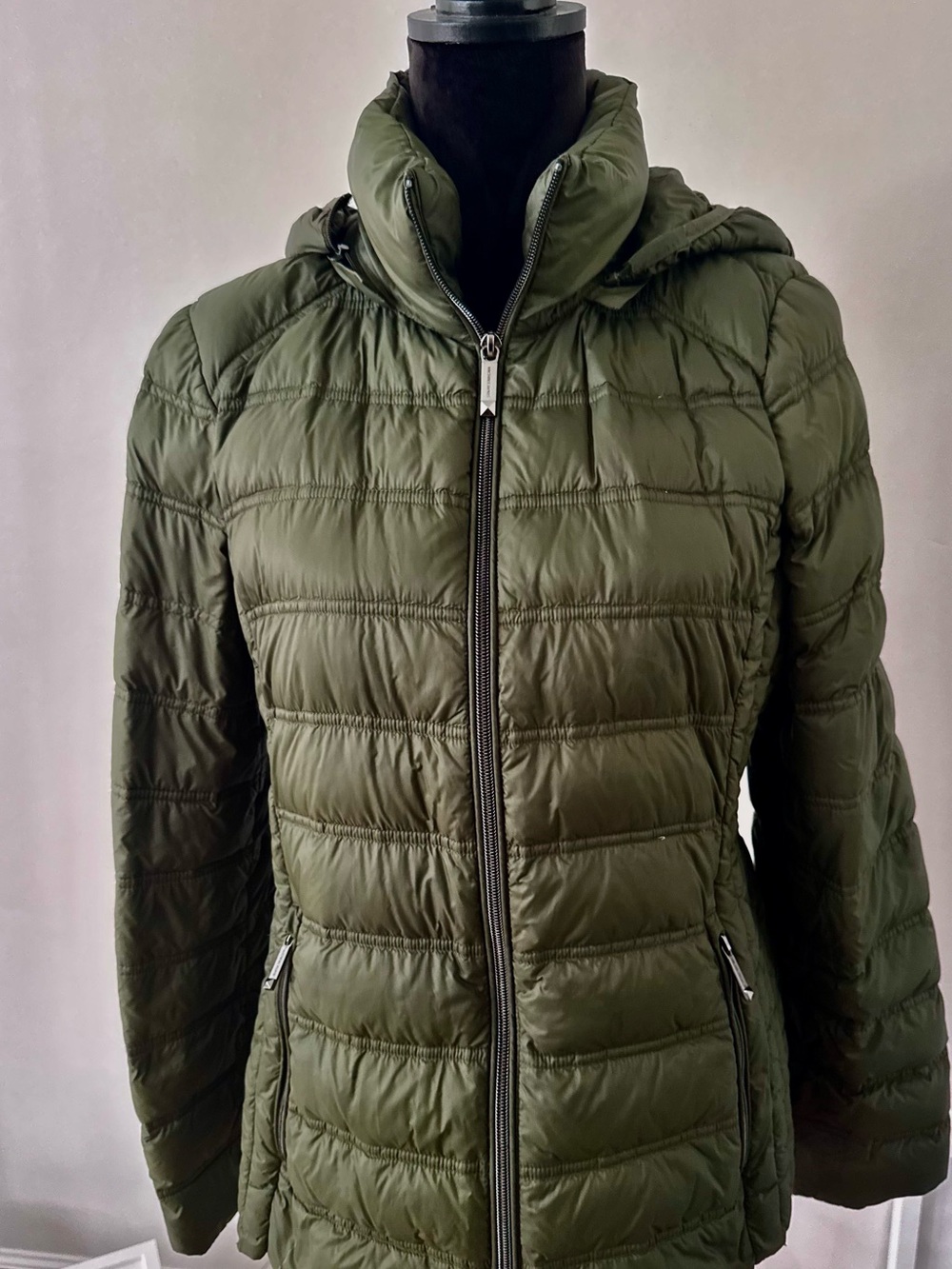 Michael Kors Olive Green Quilted Packable Puffer Jacket with Hood